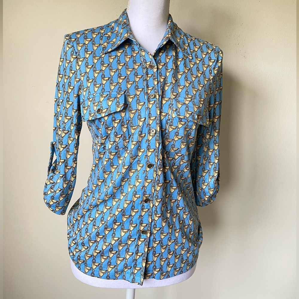 J. McLaughlin Button Up Blouse Saddle Print Size Small